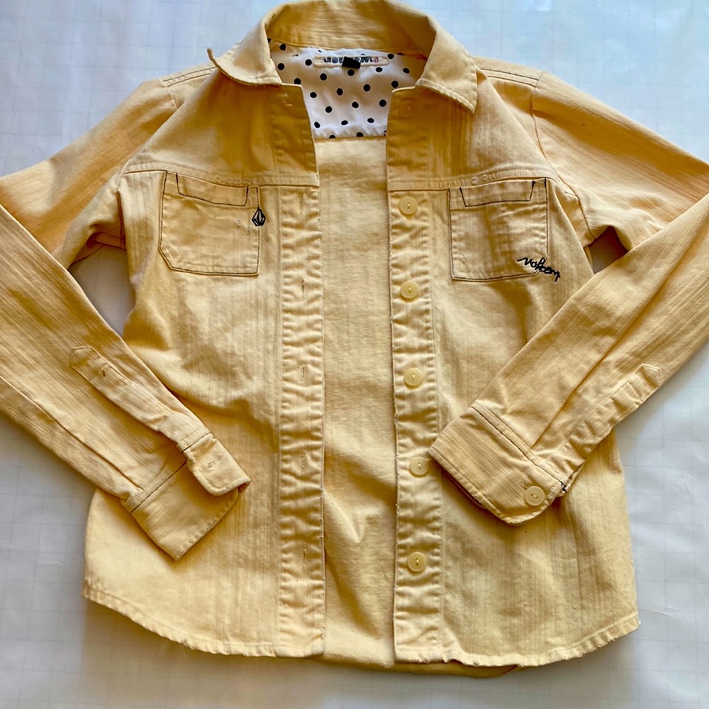 Volcom women’s small Yellow twill denim jacket with embroidery